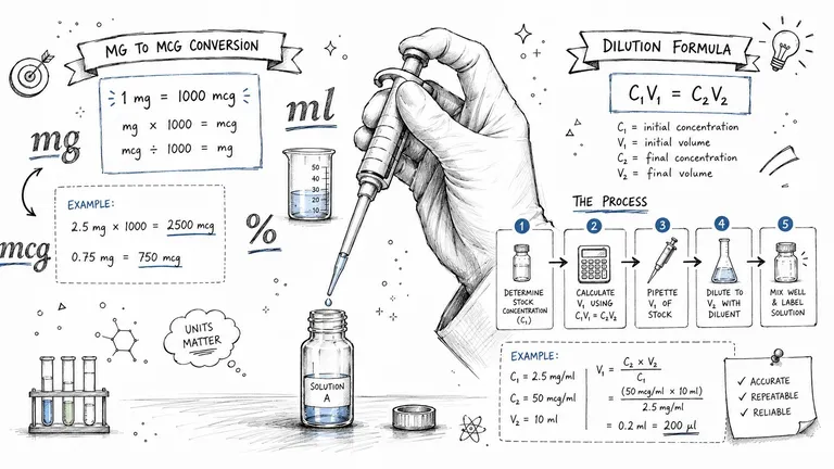 A detailed educational infographic illustrating the process of dilution, unit conversion, and calculating medication concentration accurately.