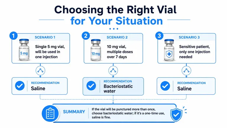 A flowchart guide explaining how to choose between bacteriostatic water and saline for different injection scenarios.