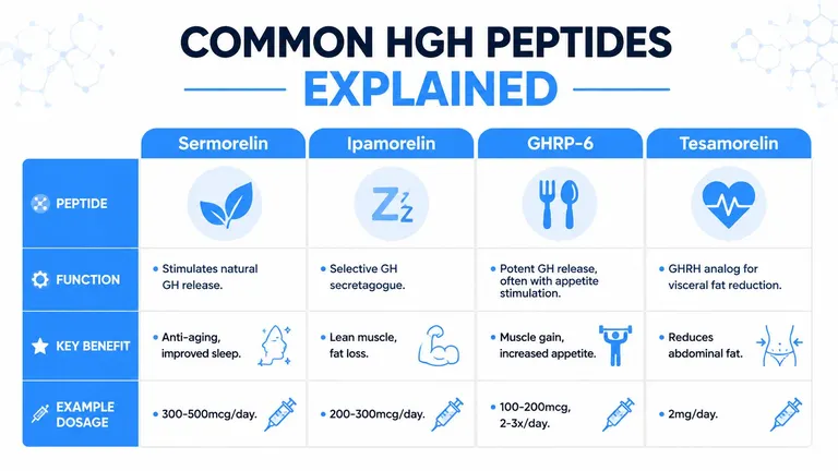 A chart comparing four common human growth hormone peptides including Sermorelin, Ipamorelin, GHRP-6, and Tesamorelin with their benefits.