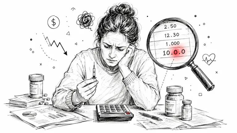 A worried woman holding a syringe at a desk with medical bills, a calculator, and medication bottles.