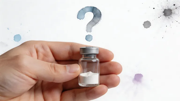 A hand holding a small glass vial containing white powder with a watercolor question mark above it.