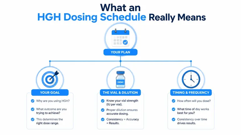 A diagram illustrating the three key factors of an HGH dosing schedule: your goal, vial dilution, and timing.