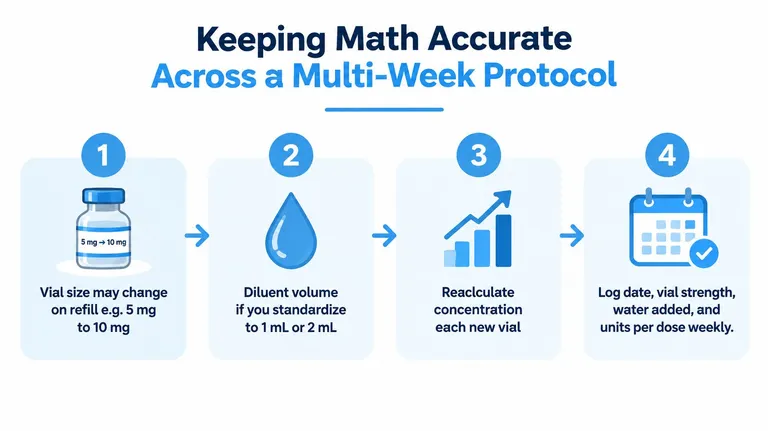 A four-step infographic showing how to accurately manage medication math for multi-week patient protocols and dosages.
