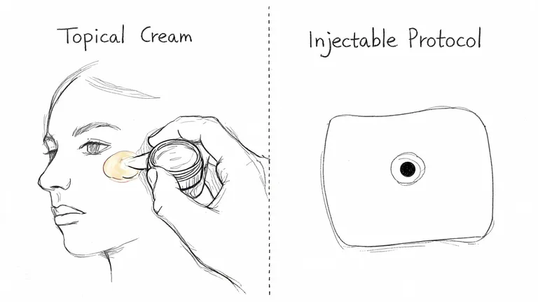 A line drawing comparison showing topical cream applied to a face versus an injectable protocol icon.