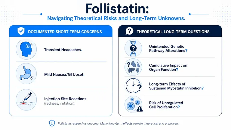An infographic summarizing documented short-term concerns and theoretical long-term risks associated with follistatin use.