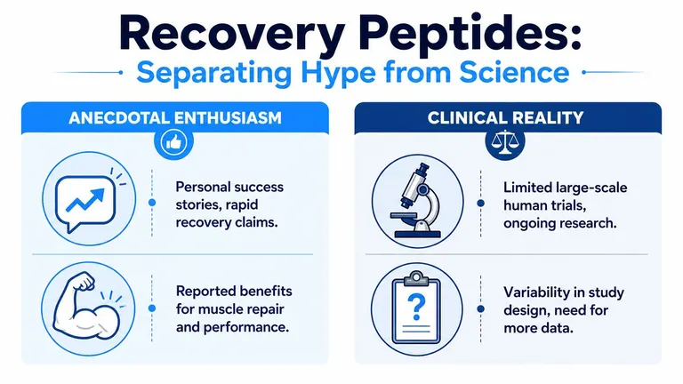 An infographic titled Recovery Peptides comparing anecdotal enthusiasm with clinical reality regarding performance and muscle repair.