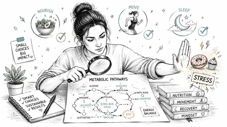 A woman examines metabolic pathways while choosing healthy habits over junk food, representing a holistic approach to wellness.