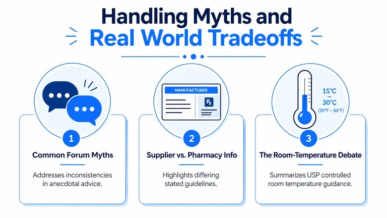 A graphic titled Handling Myths and Real World Tradeoffs, explaining forum myths, supplier information, and room temperature guidelines.