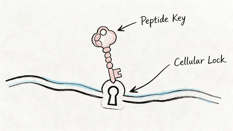 An illustration showing a pink peptide key inserted into a cellular lock to represent biological processes.