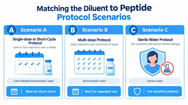A chart showing how to choose between bacteriostatic water and sterile water for peptide injection protocols.