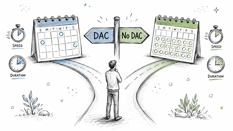 A person standing at a fork in the road choosing between DAC and No DAC scheduling options.