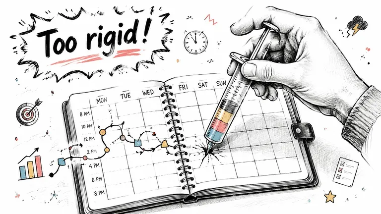 A hand injects a multicolored liquid into a rigid weekly planner schedule with a syringe.