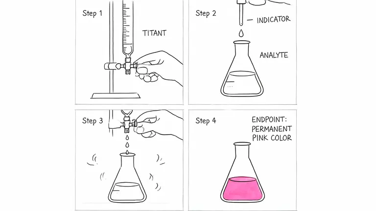 A four-step illustration showing the laboratory process of performing a chemical titration experiment in a classroom.