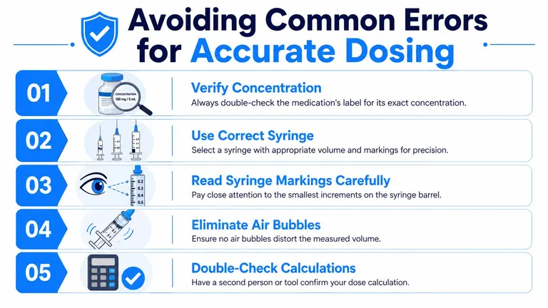 A guide listing five essential steps for ensuring accurate medication dosing and preventing common medical errors.