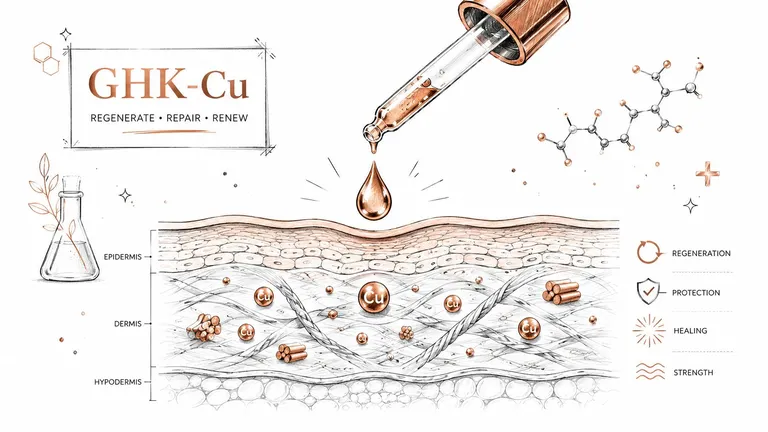 An educational illustration showing how GHK-Cu copper peptides penetrate skin layers for regeneration, repair, and healing.