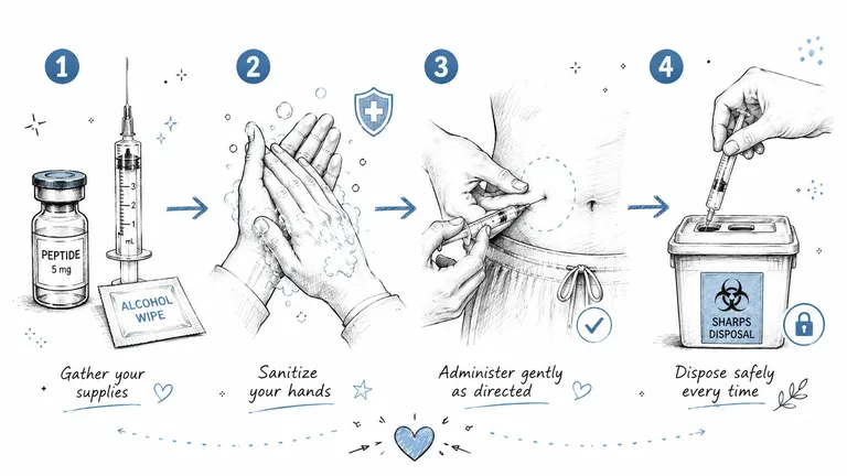 A four-step instructional diagram illustrating how to safely administer a peptide injection at home.