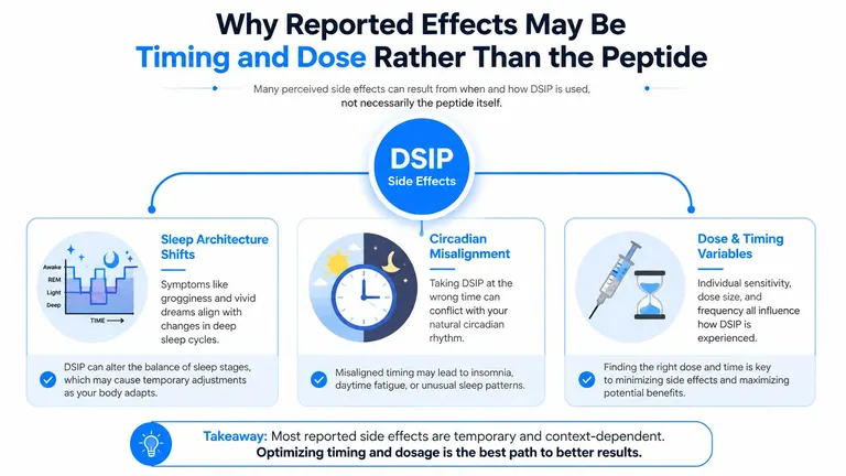 An infographic explaining how timing and dosage, rather than the DSIP peptide itself, cause reported side effects.