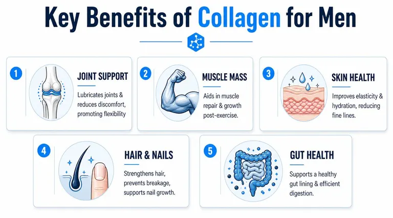 An infographic titled Key Benefits of Collagen for Men, detailing joint, muscle, skin, hair, nail, and gut health.