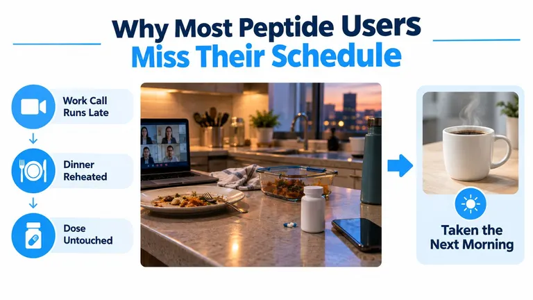 An infographic illustrating why peptide users miss their daily dosing schedule due to busy work and routines.