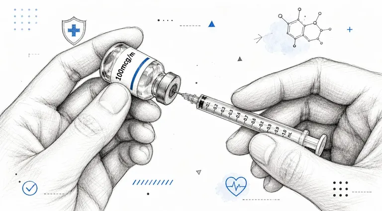 A detailed drawing of hands preparing to draw medication from a vial into a syringe.
