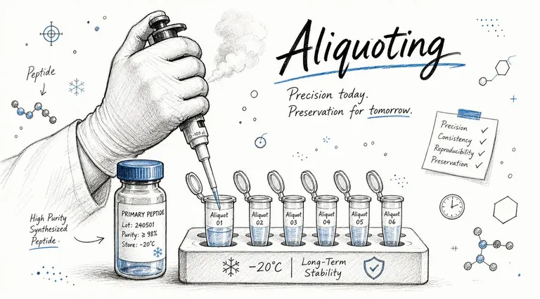 A hand using a pipette to divide a synthesized peptide into several small labeled storage tubes.