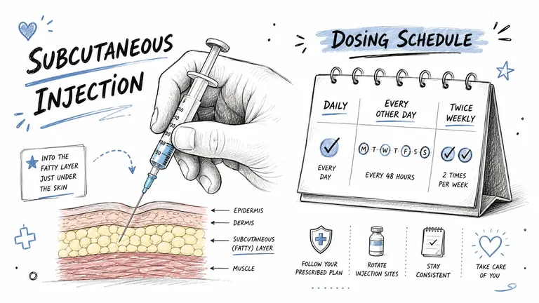 An educational illustration showing how to perform a subcutaneous injection and various medication dosing schedule options.