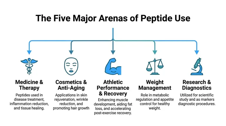 A diagram illustrating the five major arenas of peptide use, including medicine, cosmetics, sports, weight, and research.