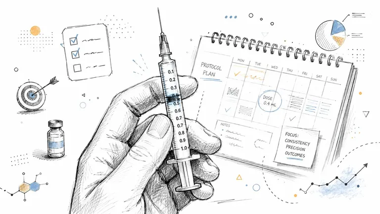 A hand holding a syringe with a medication schedule calendar, vial, and medical icons on a background.