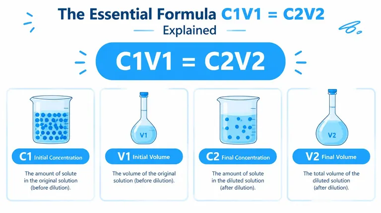 An educational infographic explaining the chemical dilution formula C1V1 = C2V2 with illustrative beaker and flask icons.