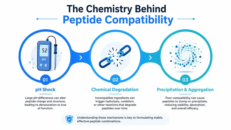 A graphic showing three key chemical mechanisms affecting peptide stability: pH shock, chemical degradation, and precipitation or aggregation.