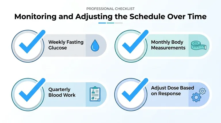A professional checklist infographic detailing methods for monitoring and adjusting a health-related dosing schedule over time.