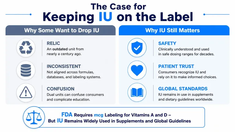 An infographic titled The Case for Keeping IU on the Label, comparing arguments for and against IU units.