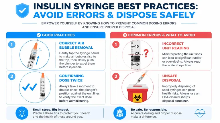 An infographic illustrating best practices for safe insulin syringe use, dosing, and proper disposal methods.