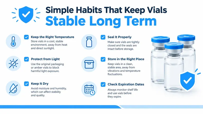 An infographic titled Simple Habits That Keep Vials Stable Long Term featuring tips for proper vial storage.