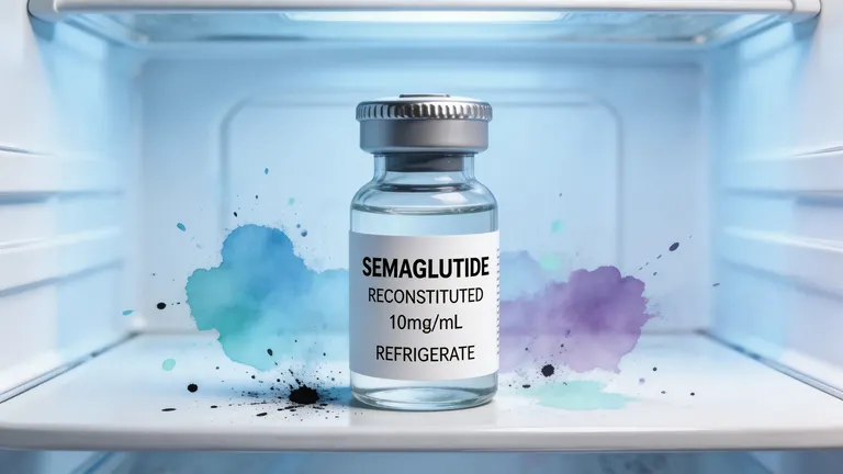 A glass vial of semaglutide sitting inside a refrigerator, indicated for storage at cold temperatures.