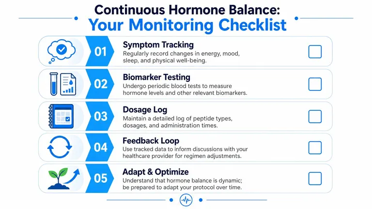 A checklist graphic titled Continuous Hormone Balance listing five steps for monitoring health and hormone treatments.