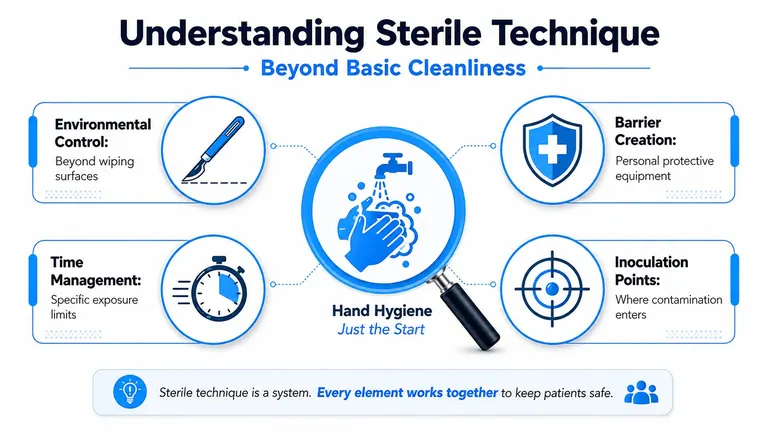 An infographic titled Understanding Sterile Technique illustrating essential components like hand hygiene, environmental control, and protective equipment.