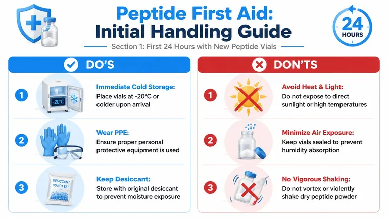 A safety infographic detailing proper handling and storage instructions for new peptide vials for scientific use.