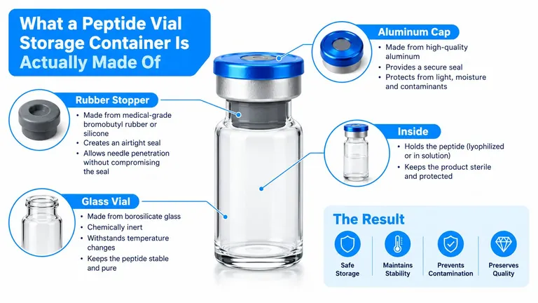 An infographic detailing the components of a peptide vial, including an aluminum cap, rubber stopper, and glass vial.
