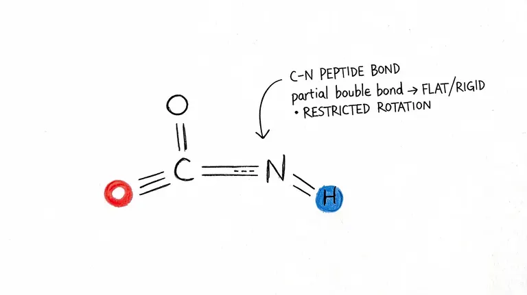 A chemical structure diagram illustrating the peptide bond's partial double bond character and restricted rotational geometry.