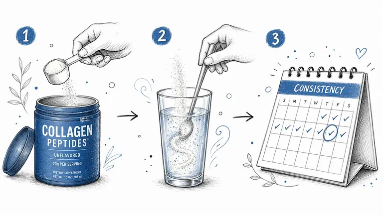 An illustration showing three steps to use collagen peptides powder, including scooping, stirring into water, and consistent usage.