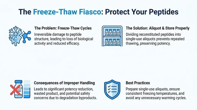 An infographic titled The Freeze-Thaw Fiasco explaining how to properly store reconstituted peptides to preserve potency.