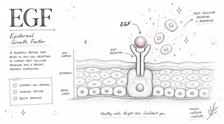 An educational illustration showing how Epidermal Growth Factor (EGF) binds to skin cell receptors to promote renewal.