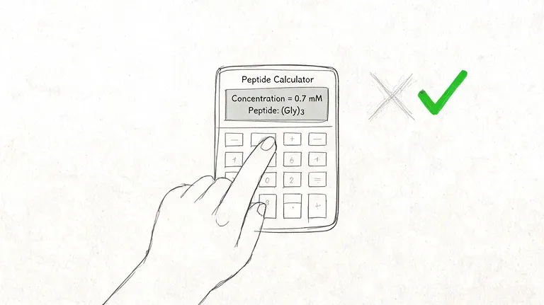 A hand using a calculator labeled peptide calculator showing a concentration of 0.7 mM for a Gly3 peptide.
