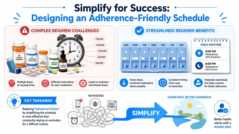An infographic showing how a simplified medication schedule improves adherence compared to a complex, confusing routine.