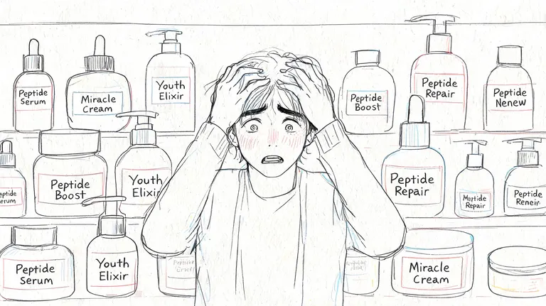 A person looking overwhelmed while surrounded by numerous bottles and jars of skincare products labeled with peptides.