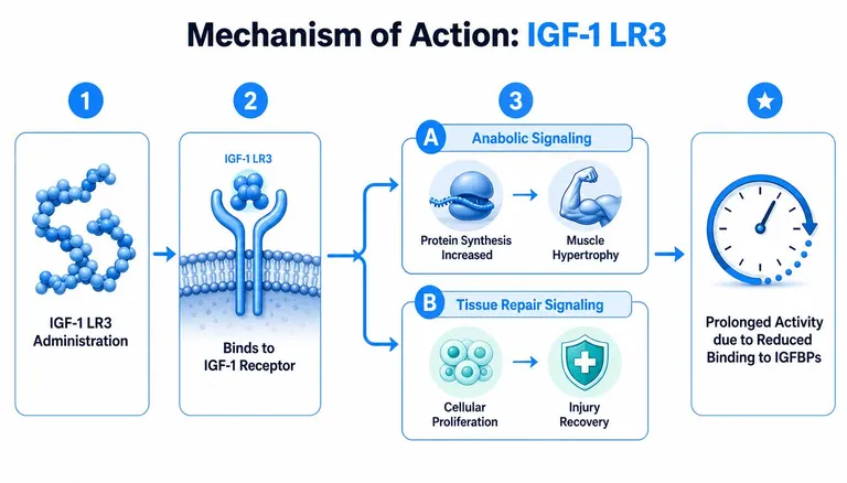A diagram illustrating the mechanism of action of IGF-1 LR3, including receptor binding, anabolic signaling, and repair.