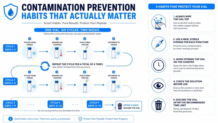 An infographic showing the safe handling and contamination prevention habits for using bacteriostatic water vials.