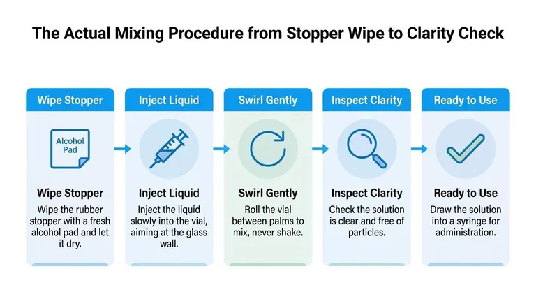 A five-step instructional diagram detailing the proper procedure to mix peptide powder into a vial.