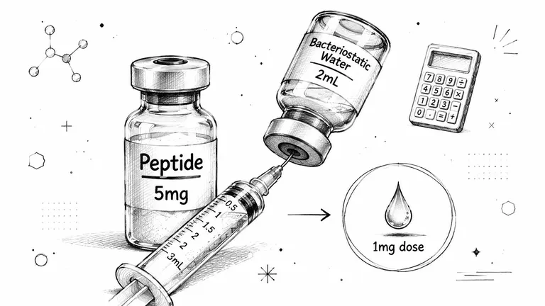A diagram shows a syringe drawing bacteriostatic water to dilute a peptide vial for dosage calculation.